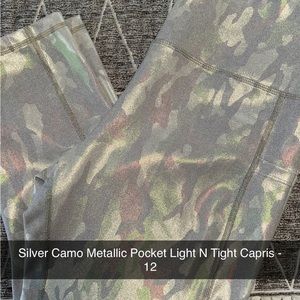 Silver Camo Metallic Pocket Light N Tight Capris. Size 12